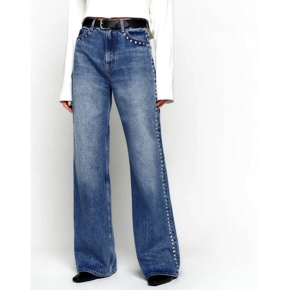 Reformation Denim - Reformation Chesapeake Studded Cary High Rise Slouchy Wide Leg Jeans Size 26